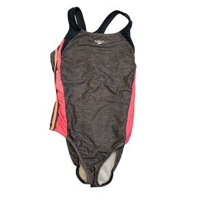 Speedo Girls One Piece Swimsuit Heather Grey Pink Racerback Cutout Sporty Swim